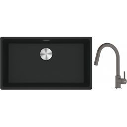 Franke Maris MRG 110-72 zlewozmywak 72x40 cm Fragranite czarny mat z baterią kuchenną Lina kamienny szary (1250687260, 1150626057)