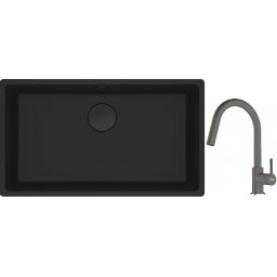 Franke Maris MRG 110-72 zlewozmywak 72x40 cm Fragranite czarny mat z baterią kuchenną Lina kamienny szary (1250697757, 1150626057)