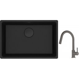 Franke Maris MRG 110-62 zlewozmywak 62x40 cm Fragranite czarny mat z baterią kuchenną Lina kamienny szary (1250697758, 1150626057)