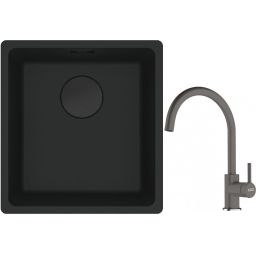 Franke Maris MRG 110-37 zlewozmywak 40x37 cm Fragranit + czarny mat z baterią kuchenną Lina kamienny szary (1250697760, 1150626022)
