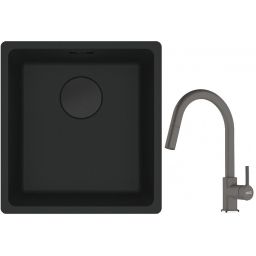 Franke Maris MRG 110-37 zlewozmywak 40x37 cm Fragranit + czarny mat z baterią kuchenną Lina kamienny szary (1250697760, 1150626057)