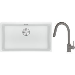 Franke Maris MRG 110-72 zlewozmywak 72x40 cm Fragranite biały polarny z baterią kuchenną Lina kamienny szary (1250687263, 1150626057)