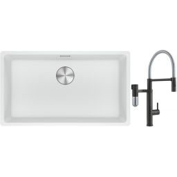 Franke Maris MRG 110-72 zlewozmywak 72x40 cm Fragranite biały polarny z baterią kuchenną Vital Semi-Pro czarny mat/stal (1250687263, 1200621313)
