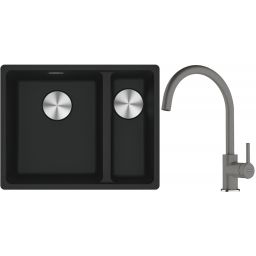 Franke Maris MRG 160-34-15SBR zlewozmywak 52x40 cm Fragranite czarny mat z baterią kuchenną Lina kamienny szary (1250687264, 1150626022)