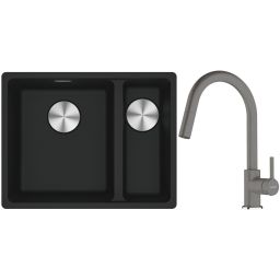 Franke Maris MRG 160-34-15SBR zlewozmywak 52x40 cm Fragranite czarny mat z baterią kuchenną Lina kamienny szary (1250687264, 1150626057)