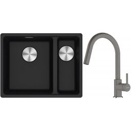 Franke Maris MRG 160-34-15SBR zlewozmywak 52x40 cm Fragranite onyx z baterią kuchenną Lina kamienny szary (1250687265, 1150626057)