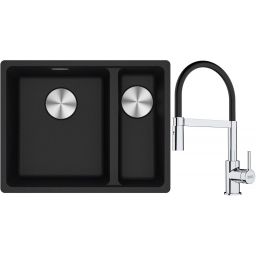 Franke Maris MRG 160-34-15SBR zlewozmywak 52x40 cm Fragranite onyx z baterią kuchenną Lina chrom/czarny (1250687265, 1150626085)