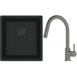 Franke Maris MRG 110-37 zlewozmywak 40x37 cm Fragranit + czarny mat z baterią kuchenną Lina kamienny szary (1250697760, 1150626057)