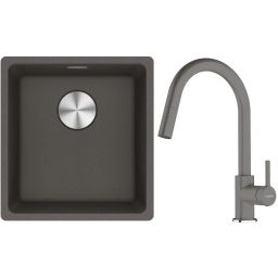 Franke Maris MRG 110-37 zlewozmywak granitowy 43x40 cm łupkowy szary z baterią kuchenną Lina kamienny szary (1250716374, 1150626057)