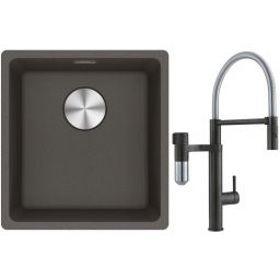 Franke Maris MRG 110-37 zlewozmywak granitowy 43x40 cm łupkowy szary z baterią kuchenną Vital Semi-Pro czarny mat/stal (1250716374, 1200621313)