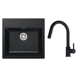 Zestaw Franke Sirius zlewozmywak granitowy 56x53 cm z baterią kuchenną Lina Pull-Out onyx (1140205049, 1150626055)