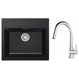 Zestaw Franke Sirius zlewozmywak granitowy 56x53 cm z baterią kuchenną Lina Pull-Out onyx/chrom (1140205049, 1150693229)