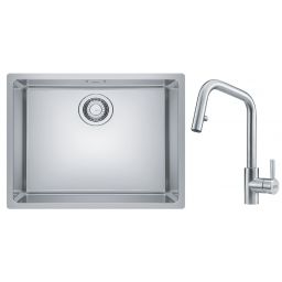 Zestaw Franke Maris zlewozmywak stalowy 50x40 cm z baterią kuchenną Kubus Pull-Out jedwab/stal (1220543996, 1150529207)