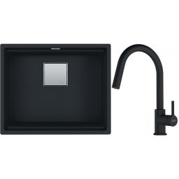 Franke Kanon KNG 110-52 zlewozmywak 52x42 cm Fragranite czarny mat z baterią kuchenną Lina Pull-Out czarny mat (1250633002, 1150626053)