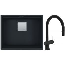 Franke Kanon KNG 110-52 zlewozmywak 52x42 cm Fragranite czarny mat z baterią kuchenną Active Neo czarny mat (1250633002, 1150653404)