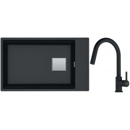 Franke Kanon KNG 110-62 zlewozmywak 62x42 cm Fragranite onyx z baterią kuchenną Lina Pull-Out czarny mat (1250528620, 1150626053)