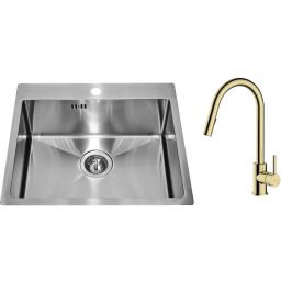 Zestaw Alveus Concept 10 zlewozmywak stalowy 54x48 cm z baterią kuchenną Oltens Litla satyna/złoty połysk (1124382, 35204800)