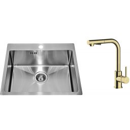 Zestaw Alveus Concept 10 zlewozmywak stalowy 54x48 cm z baterią kuchenną Oltens Myvat satyna/złoty połysk (1124382, 35205800)