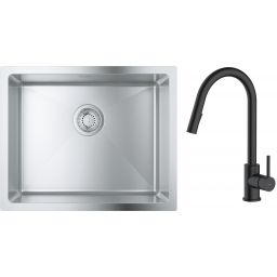 Zestaw Grohe K700 zlewozmywak 50x40 cm z baterią kuchenną Oltens Litla stal szlachetna/czarny mat (35204300, 31574SD1)