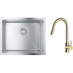 Zestaw Grohe K700 zlewozmywak 50x40 cm z baterią kuchenną Oltens Litla stal szlachetna/złoty połysk (35204800, 31574SD1)