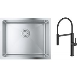 Zestaw Grohe K700 zlewozmywak 50x40 cm z baterią kuchenną Oltens Borga stal szlachetna/czarny mat (35207300, 31574SD1)