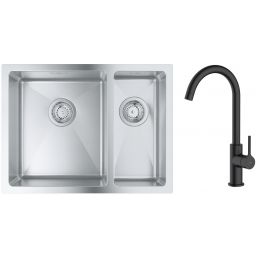 Zestaw Grohe K700 zlewozmywak 59,5x45 cm z baterią kuchenną Oltens Skaft stal szlachetna/czarny mat (31577SD1, 35206300)