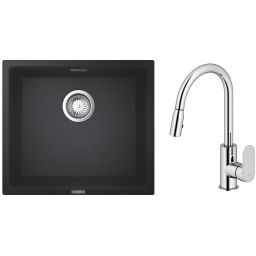 Zestaw Grohe K700 zlewozmywak granitowy 45,7x40,6 cm z baterią kuchenną Oltens Lista czarny granit/chrom (35202100, 31653AP0)