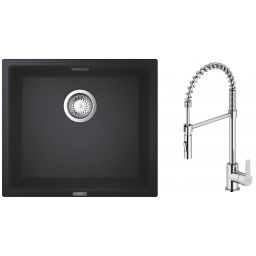 Zestaw Grohe K700 zlewozmywak granitowy 45,7x40,6 cm z baterią kuchenną Oltens Duf czarny granit/chrom (35203100, 31653AP0)