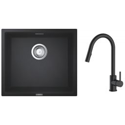 Zestaw Grohe K700 zlewozmywak granitowy 45,7x40,6 cm z baterią kuchenną Oltens Litla czarny granit/czarny mat (35204300, 31653AP0)