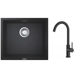 Zestaw Grohe K700 zlewozmywak granitowy 45,7x40,6 cm z baterią kuchenną Oltens Skafta czarny granit/czarny mat (35206300, 31653AP0)