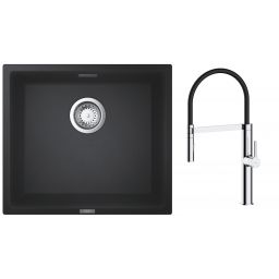 Zestaw Grohe K700 zlewozmywak granitowy 45,7x40,6 cm z baterią kuchenną Oltens Borga czarny granit/chrom/czarny (35207100, 31653AP0)