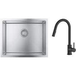Zestaw Grohe K700 zlewozmywak 55x45 cm z baterią kuchenną Oltens Litla stal szlachetna/czarny mat (35204300, 31726SD0)