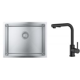 Zestaw Grohe K700 zlewozmywak 55x45 cm z baterią kuchenną Oltens Myvat stal szlachetna/czarny mat (35205300, 31726SD0)