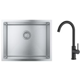 Zestaw Grohe K700 zlewozmywak 55x45 cm z baterią kuchenną Oltens Skafta stal szlachetna/czarny mat (35206300, 31726SD0)