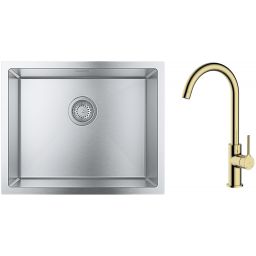 Zestaw Grohe K700 zlewozmywak 55x45 cm z baterią kuchenną Oltens Skafta stal szlachetna/złoty połysk (35206800, 31726SD0)