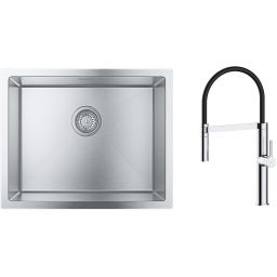 Zestaw Grohe K700 zlewozmywak 55x45 cm z baterią kuchenną Oltens Borga stal szlachetna/chrom/czarny (35207100, 31726SD0)