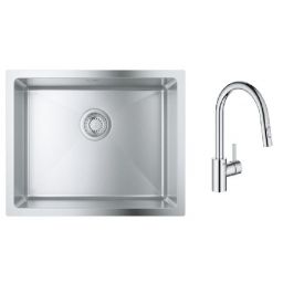 Zestaw Grohe K700 zlewozmywak stalowy 55x45 cm satyna z baterią kuchenną Eurosmart Cosmopolitan chrom (31726SD0, 31481001)