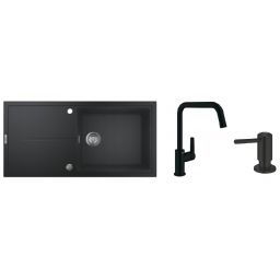 Zestaw Grohe K400 zlewozmywak granitowy 100x50 cm czarny z baterią kuchenną Start czarną i dozownikiem płynów Contemporary 500 ml (31641AP0, 304702430, 1021652430)