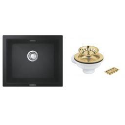 Zestaw Grohe K700 zlewozmywak granitowy 53,3x45,7 cm czarny z odpływem złotym (31654AP0, 40997GN0)