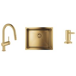 Zestaw Grohe K700 komora stalowa 50x40 cm podwieszana z baterią kuchenną Minta i dozownikiem Cosmpolitan Brushed Cool Sunrise (31574GN1, 32321GN2, 40535GN0)