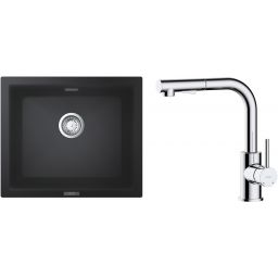 Zestaw Grohe K700U zlewozmywak granitowy 53,3x45,7 cm z baterią kuchenną Oltens Myvat czarny granit/chrom (31654AP0, 35205100)