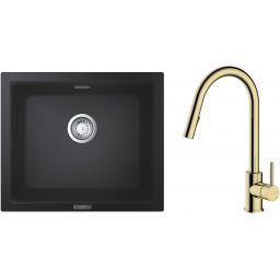 Zestaw Grohe K700U zlewozmywak granitowy 53,3x45,7 cm z baterią kuchenną Oltens Litla czarny granit/złoty połysk (31654AP0, 35204800)