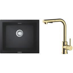 Zestaw Grohe K700U zlewozmywak granitowy 53,3x45,7 cm z baterią kuchenną Oltens Myvat czarny granit/złoty połysk (31654AP0, 35205800)