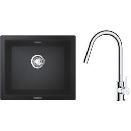 Zestaw Grohe K700U zlewozmywak granitowy 53,3x45,7 cm z baterią kuchenną Oltens Litla czarny granit/chrom (31654AP0, 35204100)