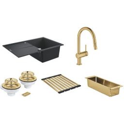 Zestaw Grohe K400 zlewozmywak granitowy czarny z baterią kuchenną Minta, zestawem opływowym, ociekaczem i wkładką ociekową Brushed Cool Sunrise (31639AP0, 32321GN2, 40997GN0, 40854GN0, 40853GN0)