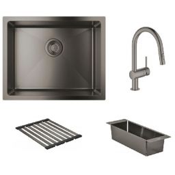 Zestaw Grohe K700U zlewozmywak stalowy Brushed Hard Graphite z baterią kuchenną Minta, ociekaczem i wkładką ociekową (31574AL1, 32321AL2, 40856AL0, 40852AL0)