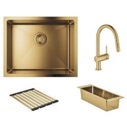 Zestaw Grohe K700 zlewozmywak stalowy Brushed Cool Sunrise z baterią kuchenną Minta, ociekaczem i wkładką ociekową (31574GN1, 32321GN2, 40856GN0, 40852GN0)