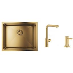 Zestaw Grohe K700 zlewozmywak stalowy Brushed Cool Sunrise z baterią kuchenną Essence i dozownikiem płynów Cosmopolitan (31574GN1, 30270GN0, 40535GN0)