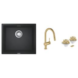 Zestaw Grohe K700 zlewozmywak granitowy czarny z baterią kuchenną Minta Brushed Cool Sunrise i zestawem odpływowym (40997GN0, 31653AP0, 32321GN2)