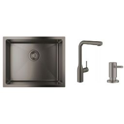 Zestaw Grohe K700U zlewozmywak stalowy Brushed Hard Graphite z baterią kuchenną Essence i dozownikiem płynów Cosmopolitan (31574AL1, 30270AL0, 40535AL0)